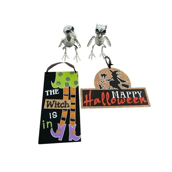 4 Pc Halloween Decorations Hanging Wall Signs Skeletons Spooky - Picture 1 of 12